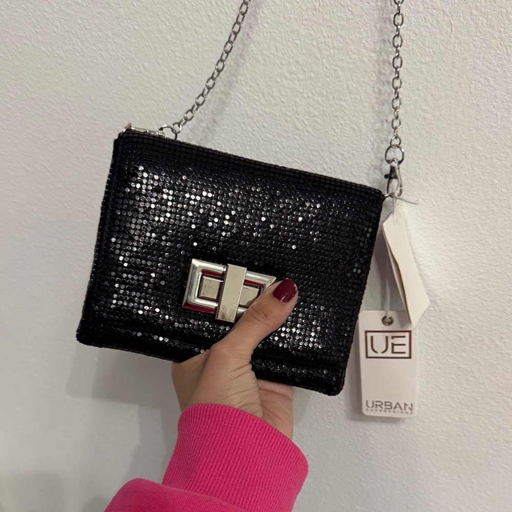 Urban Expressions Black Sequin Clutch with Silver Chain NWT